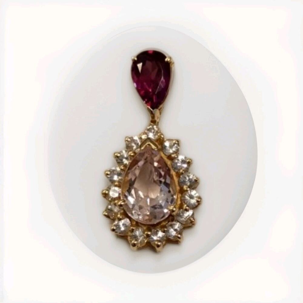 14kt Yellow Gold Pear-Shaped 10x7mm Morganite and 8x5mm Garnet Pendant 2.8 Gr 1"